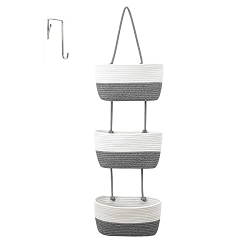 Btstil Hängeorganizer Tür Wand Organizer, 3-Tier Baumwolle Seil Gewebt Wall-Mounted Veranstalter, Organizer Hängend Badbadkorb zur Aufbewahrung für Wohnzimmer, Bad, Schlafzimmer (Weiß+Grau) von Btstil