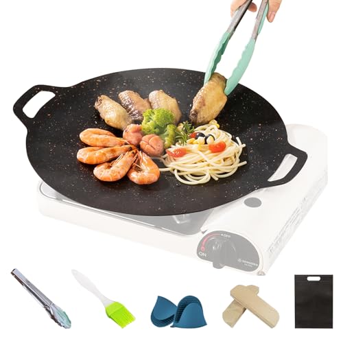 Btstil Koreanische Grillplatte, Runde BBQ Grillpfanne mit Doppelten Griffen, Antihaft Grillpfanne Schwarz Antihaft-Pfanne Hoher Wärmeleitfähigkeit für Gaskocher, Induktion (32cm) von Btstil