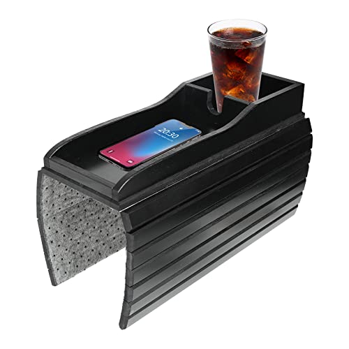 Btstil Sofatablett aus Bambus, Sofatablett rutschfest Armlehne Couch Tablett mit Handy-Slot & Getränkehalter (Schwarz A) von Btstil