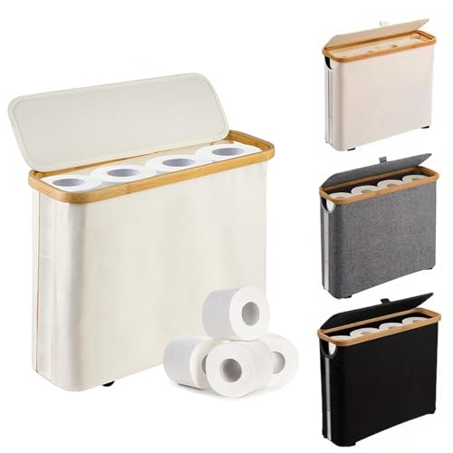 Btstil Toilettenpapier Aufbewahrung aus Bambus, Toilettenpapier Aufbewahrungskorb mit Deckel, Bambus Badezimmer Organizer, Faltbarer Toilettenpapierbehälter Halter für bis zu 9 Mega Rollen (Weiß) von Btstil