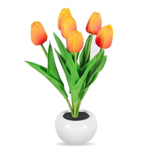 Btstil Tulip Night Light, Künstliche Tulpen mit LED-Beleuchtung, Simulation Tulpe Nachtlicht mit Keramik Vase für für Zuhause, Wohnzimmer, Desktop-Dekoration (Orange) von Btstil