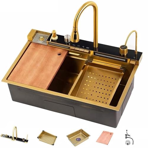 Btsunotr Doppel-Wasserfall-Spüle, Gold 304 Edelstahl Unterbau-Küchenspüle, LED Warm- und Kaltwasser-Doppelbedienung, Klavier-Druckknopf-Bedienung mit Multi-Funktions-Wasserhahn(68 * 45 * 22cm) von Btsunotr