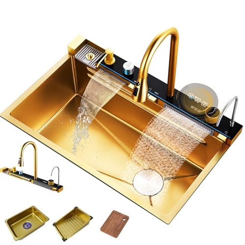 Btsunotr Moderner goldener Spülbecken, Einzelbecken-Küchenspüle aus Edelstahl, integrierter Wasserhahn mit Digitalanzeige, Druckknopfsteuerung, mehrere Zubehörteile.(75 * 45 * 22cm) von Btsunotr