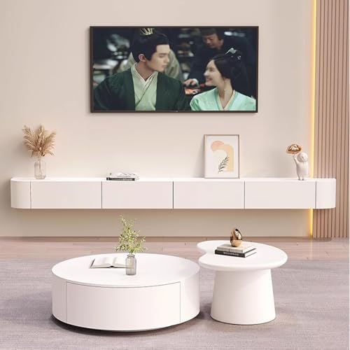 Btsunotr Schwebender TV-Ständer schwebender TV-Schrank Holz-Aufbewahrungsschrank unter dem TV modernes Entertainment-Unit mit 3/4 Stauraum Konsolen-Entertainment-Regal (Weiß, 300cm) von Btsunotr