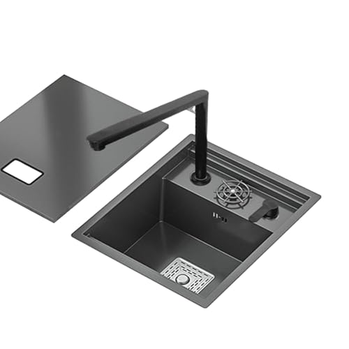 Schwarze Einzelbecke, Küche, Bar, platzsparend, unsichtbar, Wohnmobil, Einzelschüssel mit Abdeckung, kleiner eingebetteter Siphon, Spüle, Edelstahl, Multifunktions-Wasserhahn (1, 45 x 50 x 22 cm) von Btsunotr