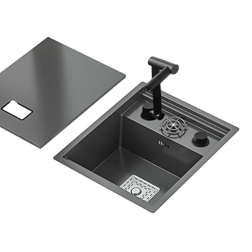 Schwarze Einzelbecke, Küche, Bar, platzsparend, unsichtbar, Wohnmobil, Einzelschüssel mit Abdeckung, kleiner eingebetteter Siphon, Spüle, Edelstahl, Multifunktions-Wasserhahn (3, 45 x 50 x 22 cm) von Btsunotr