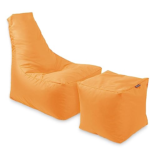 BuBiBag Calm Sitzsack mit Hocker - Gaming Sitzsack für Kinder & Erwachsene - Bean Bag auch für Outdoor Nutzung geeignet - Sitzpouf & Griff (Neonorange) von BuBiBag