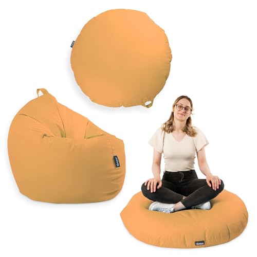 BuBiBag Premium 2-in-1 Sitzsack mit Füllung für Kinder & Erwachsene | Outdoor & Indoor | Sitzkissen Bodenkissen | Spielen & Entspannen | Wasser- und schmutzabweisend (Neonorange, 100 cm) von BuBiBag