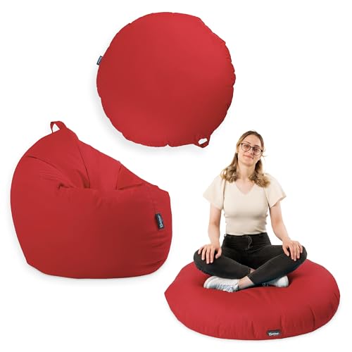 BuBiBag Premium 2-in-1 Sitzsack mit Füllung für Kinder & Erwachsene | Outdoor & Indoor | Sitzkissen Bodenkissen | Spielen & Entspannen | Wasser- und schmutzabweisend (Rot, 125 cm) von BuBiBag