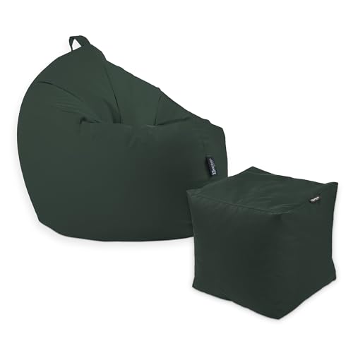 BuBiBag Premium 2-in-1 Sitzsack mit Füllung | für Kinder & Erwachsene | Outdoor & Indoor | Sitzkissen | Bodenkissen | Wasser- & schmutzabweisend + Sitzpouf 35x35x35cm (Dunkelgrün, 100 cm + Sitzspouf) von BuBiBag