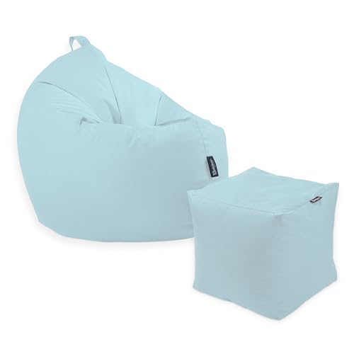 BuBiBag Premium 2-in-1 Sitzsack mit Füllung | für Kinder & Erwachsene | Outdoor & Indoor | Sitzkissen | Bodenkissen | Wasser- & schmutzabweisend + Sitzpouf 35x35x35cm (Hellblau, 100 cm + Sitzspouf) von BuBiBag