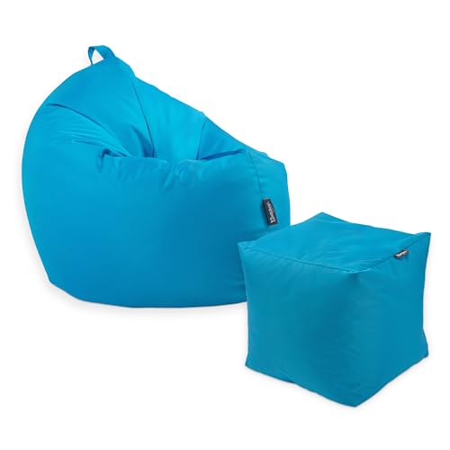 BuBiBag Premium 2-in-1 Sitzsack mit Füllung | für Kinder & Erwachsene | Outdoor & Indoor | Sitzkissen | Bodenkissen | Wasser- & schmutzabweisend + Sitzpouf 35x35x35cm (Königsblau, 100 cm + Sitzspouf) von BuBiBag