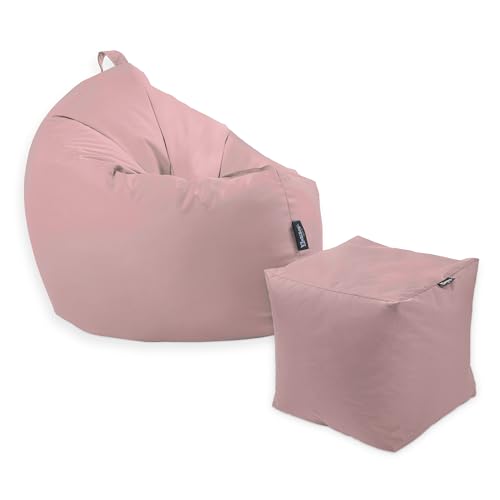 BuBiBag Premium 2-in-1 Sitzsack mit Füllung | für Kinder & Erwachsene | Outdoor & Indoor | Sitzkissen | Bodenkissen | Wasser- & schmutzabweisend + Sitzpouf 35x35x35cm (Puderrosa, 100 cm + Sitzspouf) von BuBiBag