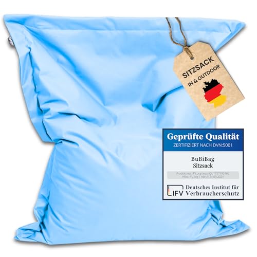 BuBiBag Riesen Sitzsack XXL mit Füllung, Outdoor Sitzsäcke für Kinder und Erwachsene, Beanbag mit waschbarem Bezug & wetterfest (Hellblau 190x145cm) von BuBiBag