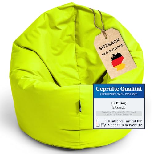 BuBiBag Sitzsack für Erwachsene mit Füllung, großer Gaming Bean Bag, Outdoor Sitzkissen für den Garten,Wasser- und wetterfest (145 cm Durchmesser - Lime) von BuBiBag