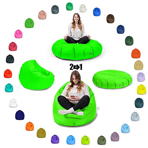 BubiBag Sitzsack für Kinder und Jugendliche - geeignet als Bodenkissen, Sitzkissen oder als Gaming Sitzsack, geliefert mit Füllung (70 cm Durchmesser, Neongrün) von BuBiBag