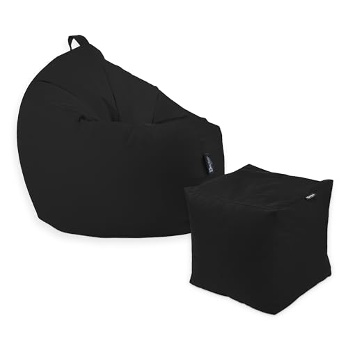 Premium 2-in-1 Sitzsack mit Füllung | Fußhocker | für Kinder & Erwachsene | Outdoor & Indoor | Sitzkissen | Bodenkissen | Wasser- & schmutzabweisend + Sitzpouf 35x35x35cm(Schwarz, 125 CM + Sitzspouf) von BuBiBag