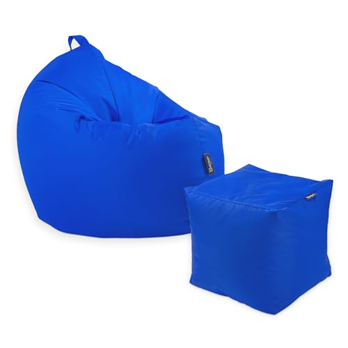 Premium 2-in-1 Sitzsack mit Füllung | Fußhocker | für Kinder & Erwachsene | Outdoor & Indoor | Sitzkissen | Bodenkissen | Wasser- & schmutzabweisend + Sitzpouf 35x35x35cm (Blau, 145 CM + Sitzspouf) von BuBiBag