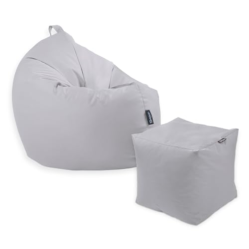 Premium 2-in-1 Sitzsack mit Füllung | Fußhocker | für Kinder & Erwachsene | Outdoor & Indoor | Sitzkissen | Bodenkissen | Wasser- & schmutzabweisend + Sitzpouf 35x35x35cm (Grau, 125 CM + Sitzspouf) von BuBiBag