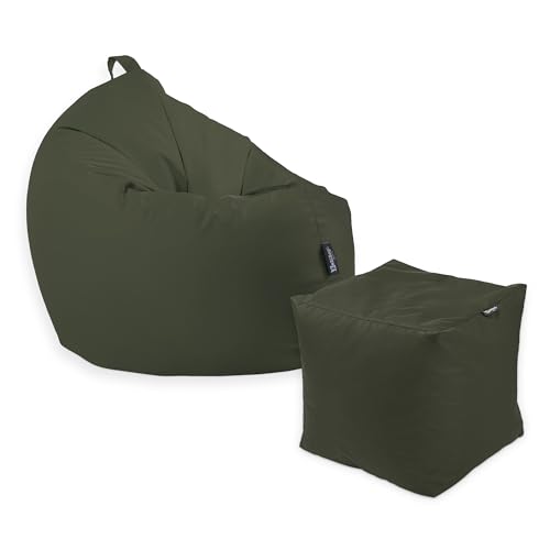 Premium 2-in-1 Sitzsack mit Füllung | Fußhocker | für Kinder & Erwachsene | Outdoor & Indoor | Sitzkissen | Bodenkissen | Wasser- & schmutzabweisend + Sitzpouf 35x35x35cm (Khaki, 145 CM + Sitzspouf) von BuBiBag