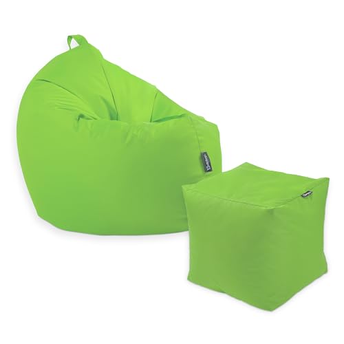 Premium 2-in-1 Sitzsack mit Füllung | Fußhocker | für Kinder & Erwachsene | Outdoor & Indoor | Sitzkissen | Bodenkissen | Wasser- & schmutzabweisend + Sitzpouf 35x35x35cm (Kiwi, 125 CM + Sitzspouf) von BuBiBag