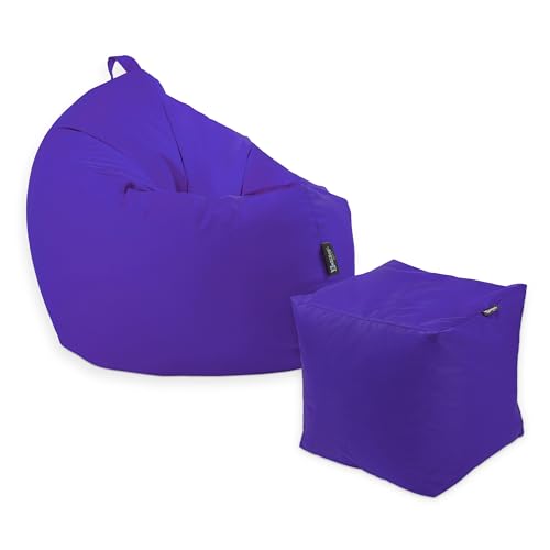 Premium 2-in-1 Sitzsack mit Füllung | Fußhocker | für Kinder & Erwachsene | Outdoor & Indoor | Sitzkissen | Bodenkissen | Wasser- & schmutzabweisend + Sitzpouf 35x35x35cm (Lila, 145 CM + Sitzspouf) von BuBiBag