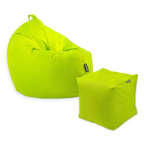 Premium 2-in-1 Sitzsack mit Füllung | Fußhocker | für Kinder & Erwachsene | Outdoor & Indoor | Sitzkissen | Bodenkissen | Wasser- & schmutzabweisend + Sitzpouf 35x35x35cm (Lime, 100 CM + Sitzspouf) von BuBiBag