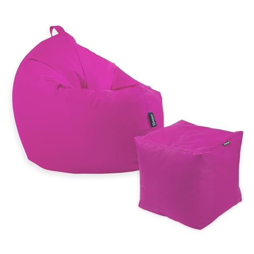 Premium 2-in-1 Sitzsack mit Füllung | Fußhocker | für Kinder & Erwachsene | Outdoor & Indoor | Sitzkissen | Bodenkissen | Wasser- & schmutzabweisend + Sitzpouf 35x35x35cm (Rosa, 100 CM + Sitzspouf) von BuBiBag