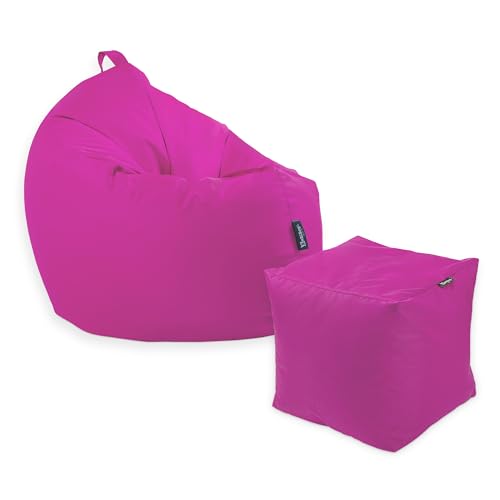 Premium 2-in-1 Sitzsack mit Füllung | Fußhocker | für Kinder & Erwachsene | Outdoor & Indoor | Sitzkissen | Bodenkissen | Wasser- & schmutzabweisend + Sitzpouf 35x35x35cm (Rosa, 125 CM + Sitzspouf) von BuBiBag