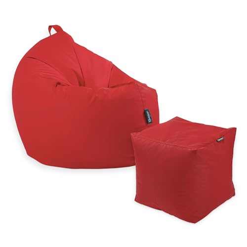 Premium 2-in-1 Sitzsack mit Füllung | Fußhocker | für Kinder & Erwachsene | Outdoor & Indoor | Sitzkissen | Bodenkissen | Wasser- & schmutzabweisend + Sitzpouf 35x35x35cm (Rot, 100 CM + Sitzspouf) von BuBiBag