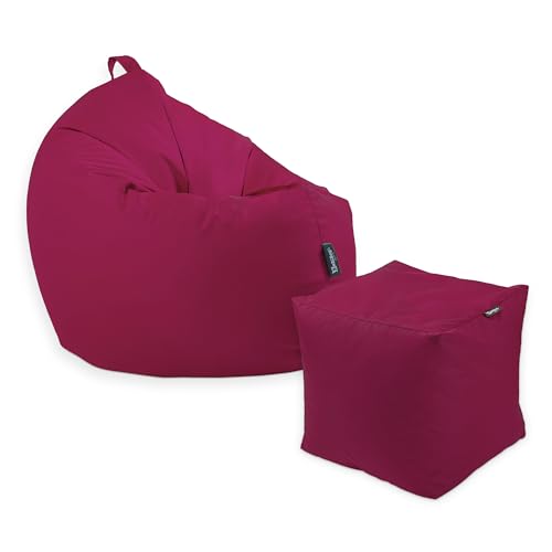 Premium 2-in-1 Sitzsack mit Füllung | Fußhocker | für Kinder & Erwachsene | Outdoor & Indoor | Sitzkissen | Bodenkissen | Wasser- & schmutzabweisend + Sitzpouf 35x35x35cm (Weinrot, 125 CM + Sitzspouf) von BuBiBag