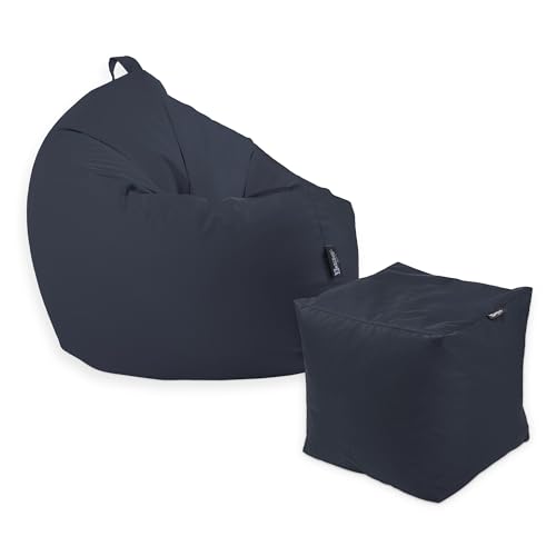 Premium 2-in-1 Sitzsack mit Füllung | für Kinder & Erwachsene | Outdoor & Indoor | Sitzkissen | Bodenkissen | Wasser- & schmutzabweisend + Sitzpouf 35x35x35cm (Marine/Dunkelblau, 100 CM + Sitzspouf) von BuBiBag