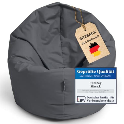BuBiBag XXL Sitzsack, Riesensitzsack für Erwachsene - XXL Sitzsäcke, Sitzkissen oder Gaming Sitzsack, geliefert mit Füllung (145 cm Durchmesser, anthrazit) von BuBiBag