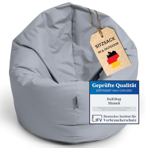 BuBiBag XXL Sitzsack, Riesensitzsack für Erwachsene - XXL Sitzsäcke, Sitzkissen oder Gaming Sitzsack, geliefert mit Füllung (145 cm Durchmesser, grau) von BuBiBag