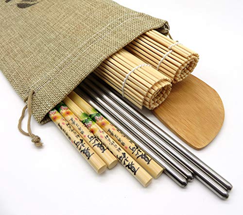 Buabi Sushi-Set mit Edelstahlstäbchen, Holzstäbchen, Matten und Bambuspaddel. Mit Geschenk-Leinenbeutel (Basis-Kit) von Buabi