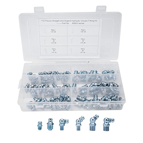 110 Stück Schmiernippel Sortiments Set, 1/8 1/4 Zoll 45° 90° Gerader Abschmiernippel, Vernickeltes Eisen Kegelschmiernippel Fettnippel Abgewinkelt Kegelnippel Fettnippel Satz von Buachois