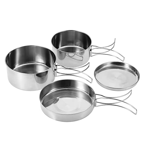 4 Stück Tragbares Kochgeschirr Set, 1 x Großer Topf 1 x Kleiner Topf 1 x Bratpfanne 1 x Platte Edelstahl Camping Kochgeschirr für Kochen im Freien von Buachois