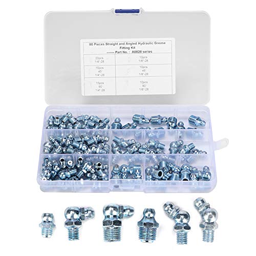 80 Stück Schmiernippel Sortiments Set, 1/8 1/4 Zoll 45° 90° Gerader Abschmiernippel, Sechskantkopf Verzinkt Kegelschmiernippel Fettnippel Vernickeltes Eisen Abgewinkelt Kegelnippel für Schmierpressen von Buachois