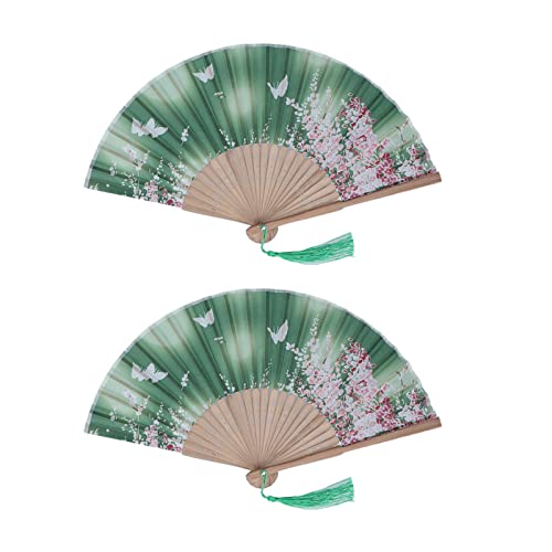 Buachois 2 Stück Folding Hand Fans Retro Style Handheld Fan Bambusrahmen Grüne Oberfläche Einzigartiges Blumenmuster Faltventilator für Dekoration Musik Festival Club Event Party Dance von Buachois