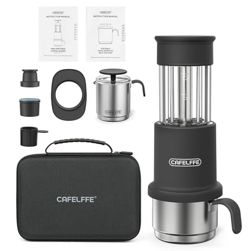 Buachois tragbare Reisekaffeemaschine Set, 2 in 1 Kapsel gemahlener Kaffee Handbuch Handpresse mit Edelstahl -Tasse Wassertank Tasse Milch Schaum Pitcher Lagerung Hülle (Schwarz) von Buachois