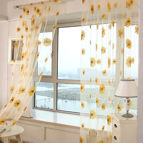 Voile Gardinen 100 x 200 cm European Deko Vorhangschals Sonnenblumen Muster Bestickte Transparent Kleine Fenster Vorhänge für Schlafzimmer Wohnzimmer Balkon von Buachois