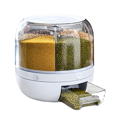 Vorratsdosen, Reisspender, 5Kg Müsli Aufbewahrungsbox, 23x23 cm 6 Raster Getreidebehälter Aufbewahrung, 360° Drehbarer Runde Trockenfutter Spender Reisbox Getreidetopf Müslidosen für Bohnen Nüsse von Buachois