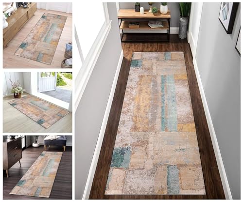 Buatisf Teppich Flur Küche rutschfest waschbar Teppichläufer Lang Blau Orange Braun Küchenläufer Meterware Korridor Tepiche Esszimmer Schlafzimmer Wohnzimmer Schmutzfangmatte von Buatisf