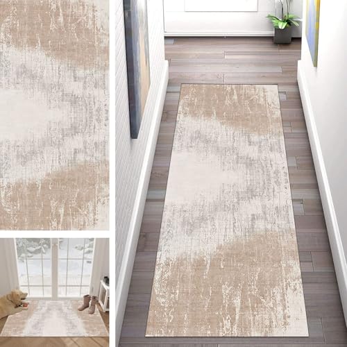 Buatisf Teppich Flur Läufer rutschfest, Kücheteppich Waschbar Modern Grau Beige Flurläufer Lange Küchenläufer für Korridor Schlafzimmer Polyester Teppichläufer Küchenläufer Anpassbar von Buatisf