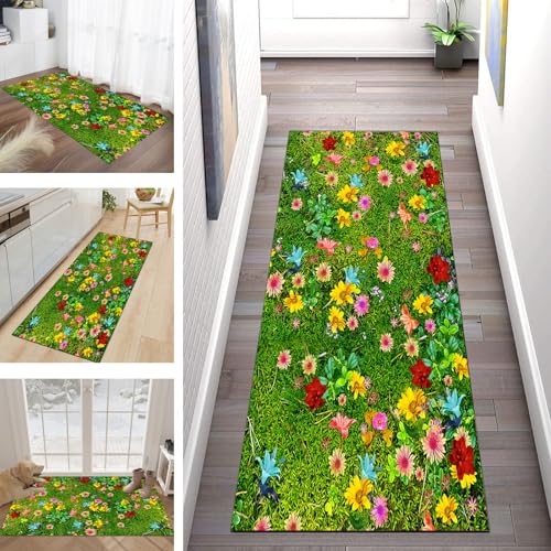 Buatisf Teppich Flur Läufer rutschfest, Kücheteppich Waschbar Modern Grün 3D-Blume Flurläufer Lange Küchenläufe, Für Korridor Schlafzimmer Polyester Teppichläufer Küchenläufer Anpassbar von Buatisf