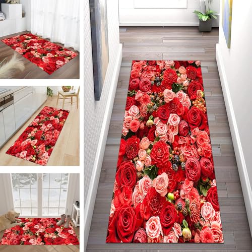 Buatisf Teppich Flur Läufer rutschfest, Kücheteppich Waschbar Modern Rote 3D-Blume Flurläufer Lange Küchenläufe, Für Korridor Schlafzimmer Polyester Teppichläufer Küchenläufer Anpassbar von Buatisf