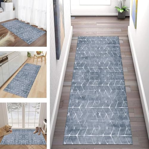 Buatisf Teppich Läufer Flur Küche, Waschbar Kücheteppich rutschfest Grau Blau Flurläufer Lange Küchenläufer für Korridor Schlafzimmer, Modern Polyester Teppichläufer auf Maß Meterware von Buatisf