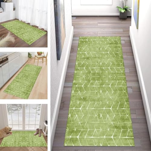 Buatisf Teppich Läufer Flur Küche, Waschbar Kücheteppich rutschfest Grün Flurläufer Lange Küchenläufer für Korridor Schlafzimmer, Modern Polyester Teppichläufer auf Maß Meterware von Buatisf