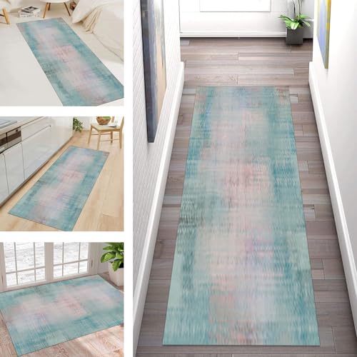 Buatisf Teppich Läufer Flur Küche rutschfest, Kücheteppich Waschbar Modern Zyanblau Flurläufer Teppich küchenläufer, Für Korridor Schlafzimmer Polyester Teppichläufer Küchenläufer Anpassbar von Buatisf