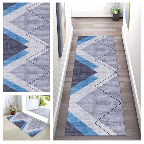 Buatisf Teppich Läufer Flur Küche rutschfest Küchenläufer Waschbar Modern Blau Polyester für Teppich Wohnzimmer, Schlafzimmer, Küche, Kinderzimmer, Badezimmer, Anpassbar von Buatisf